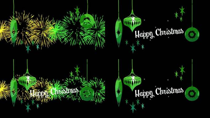 黑色背景上有烟花和绿色装饰的白色圣诞快乐文本动画