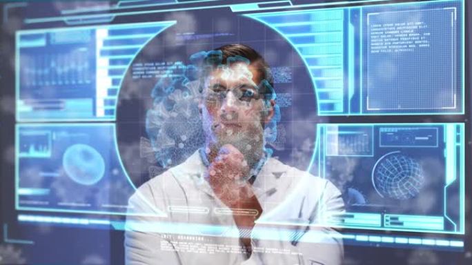 男性医生通过医疗数据处理在屏幕上观看covid细胞的动画