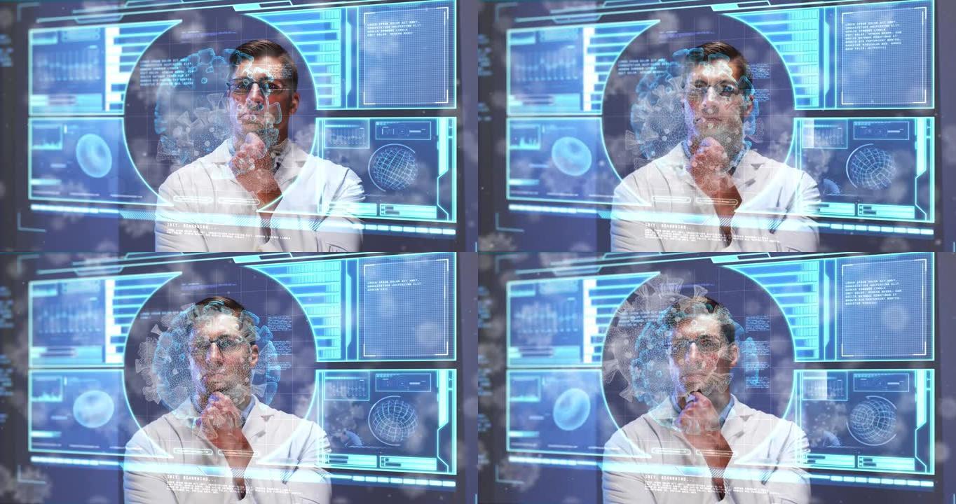 男性医生通过医疗数据处理在屏幕上观看covid细胞的动画