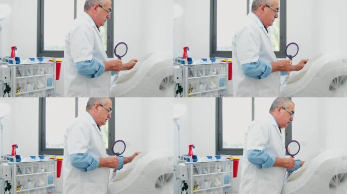 整形外科医生用抗菌餐巾清洁客户皮肤在病人椅子上准备注射，女人病人手里拿着镜子