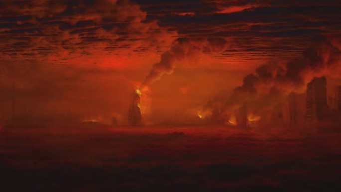 启示录系列。红色的天空和燃烧的城市，被大火、烟雾和飞扬的碎片覆盖。灾难、核战争或小行星撞击景观。电影