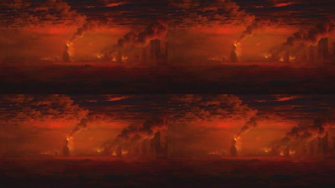 启示录系列。红色的天空和燃烧的城市，被大火、烟雾和飞扬的碎片覆盖。灾难、核战争或小行星撞击景观。电影