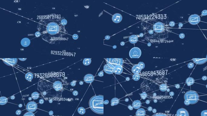 数字图标和数字变化的地球仪连接网络动画