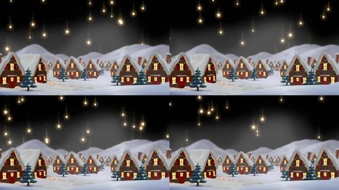 黑色背景上装饰房屋和星星的冬季风景动画