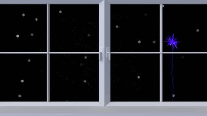 白色星星的窗户动画和圣诞节和新年烟花在夜空中爆炸