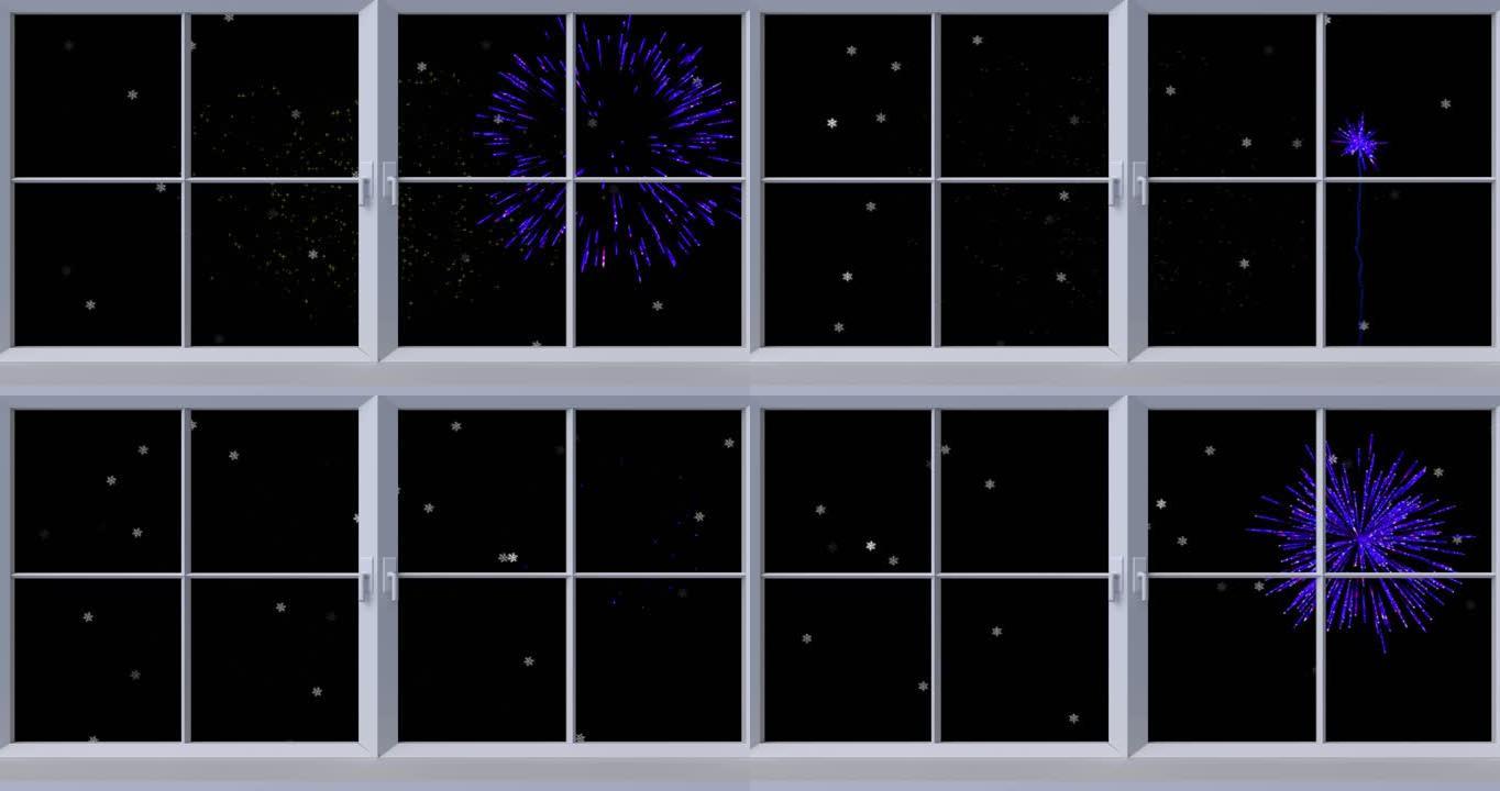 白色星星的窗户动画和圣诞节和新年烟花在夜空中爆炸