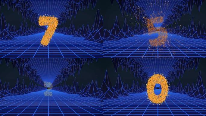 黑色蓝色网格隧道上从10到0的闪闪发光数字的动画