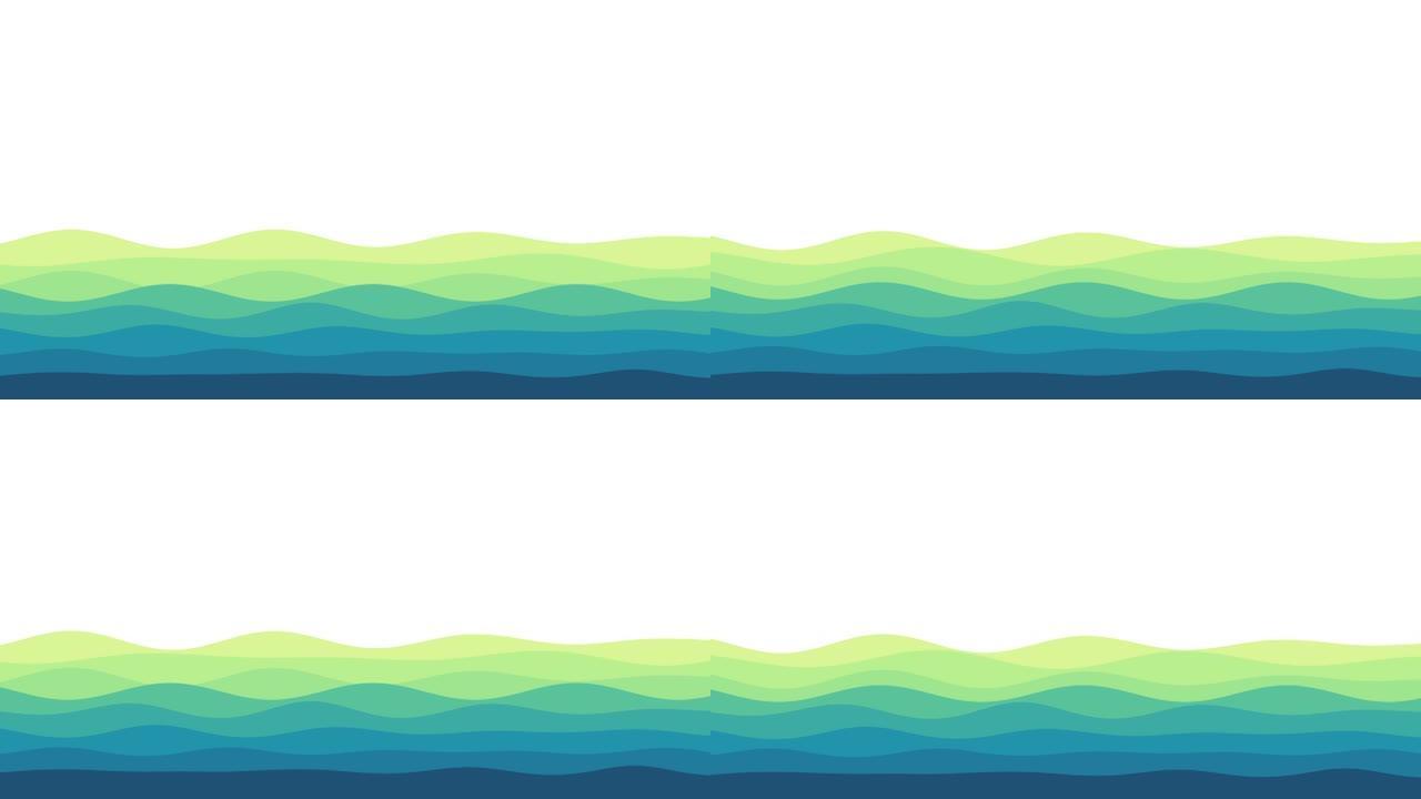 海浪蓝色到绿色黄色渐变，平滑多彩的慢动作。柔和的波浪背景为美丽的概念设计构图