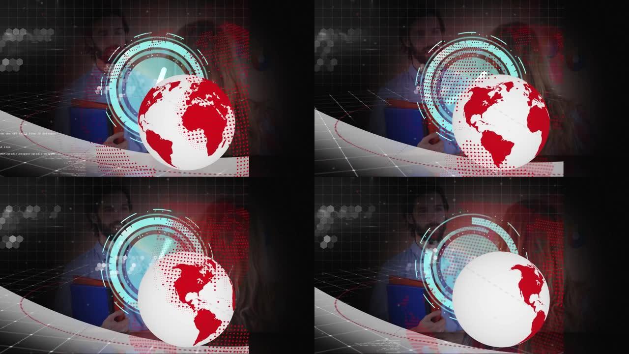 全球网络和时钟在扫描仪上的动画处理男女在工作中交谈的数据
