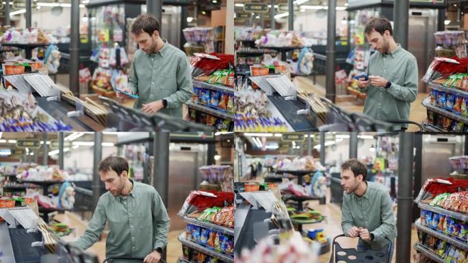 男子穿过超市，从货架上拿走巧克力。阅读标签和成分