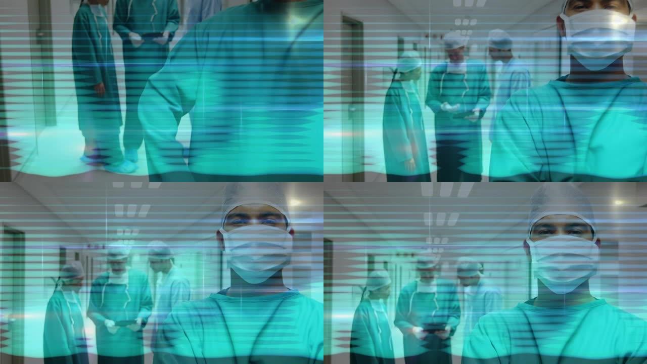 医院外科医生与绿线连接网络的动画
