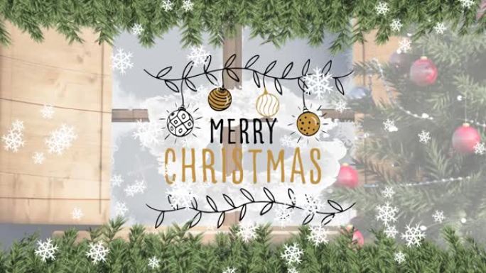 飘雪和圣诞树上的圣诞快乐文字动画