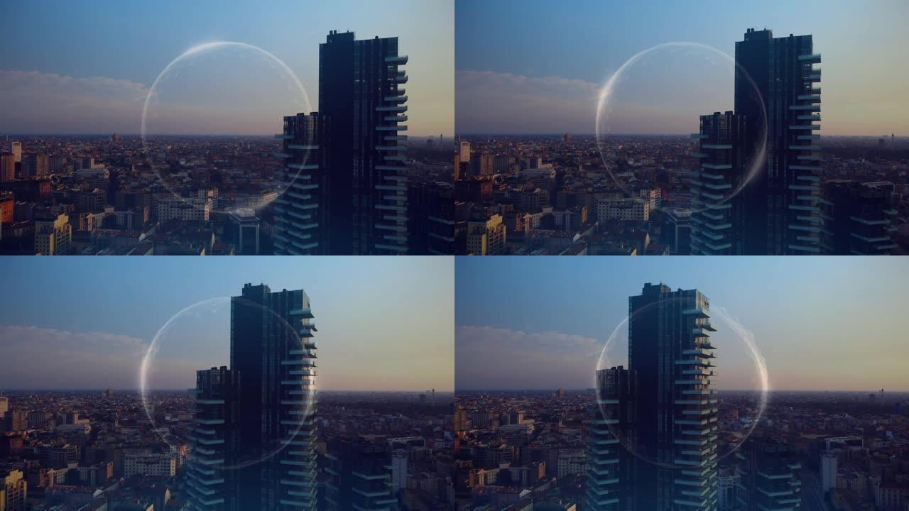 城市景观上的圆形动画