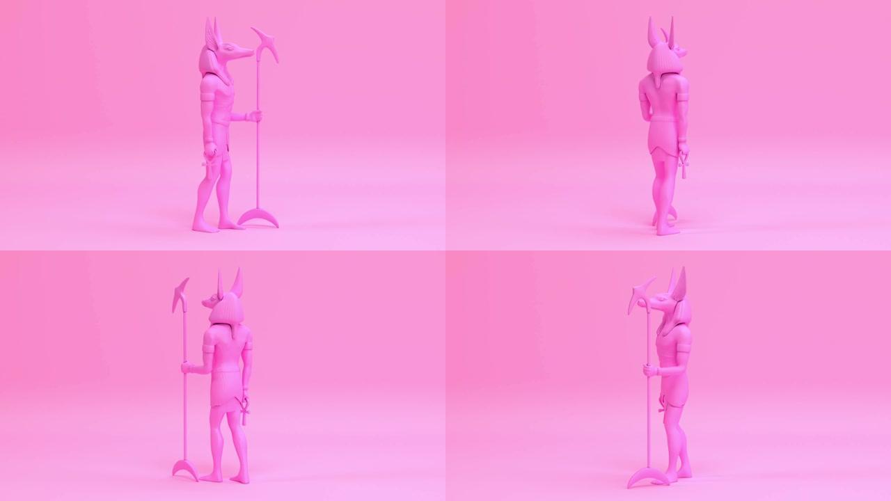 粉色旋转埃及死神阿努比斯雕像无缝循环动画背景，来自埃及的神话古代雕塑与狗头3d渲染高清1080p视频