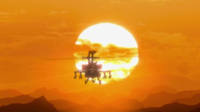 直升机阿帕奇AH-64日落飞越山脉炎热天气热变形