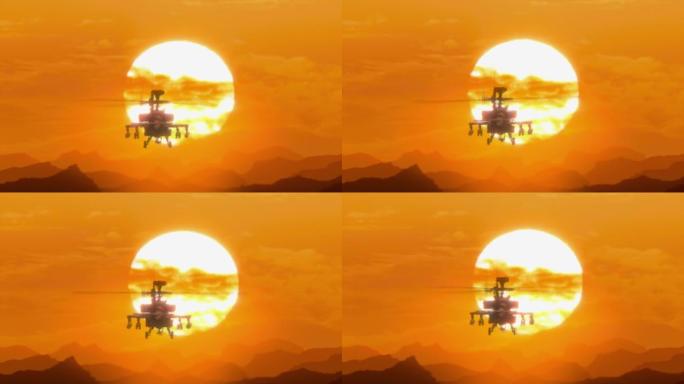 直升机阿帕奇AH-64日落飞越山脉炎热天气热变形