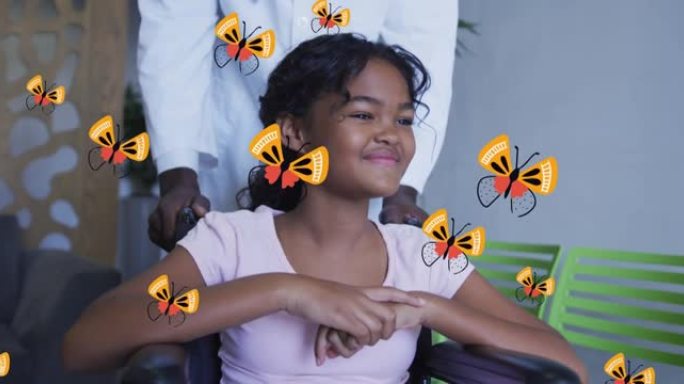 橙色蝴蝶在微笑的混血儿女孩被推在轮椅上的动画
