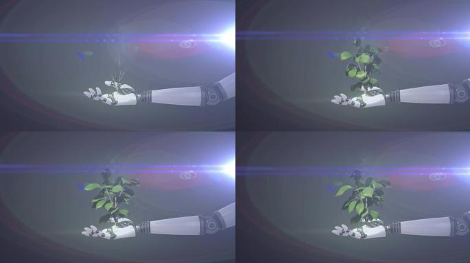 机器人手臂手中的植物生长动画，深色背景上有蓝光
