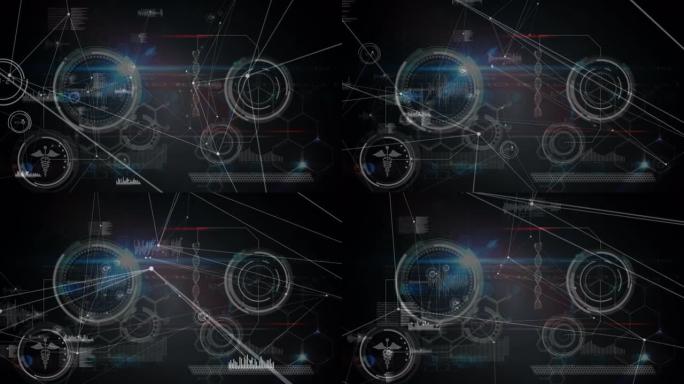 黑色背景上的网络连接和数据处理动画