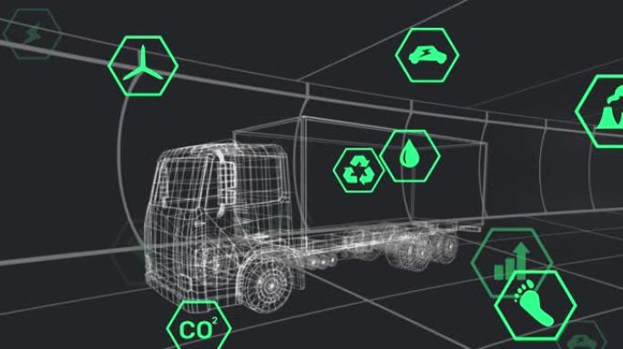 在黑色背景上移动的3d卡车模型上处理状态数据的图标动画
