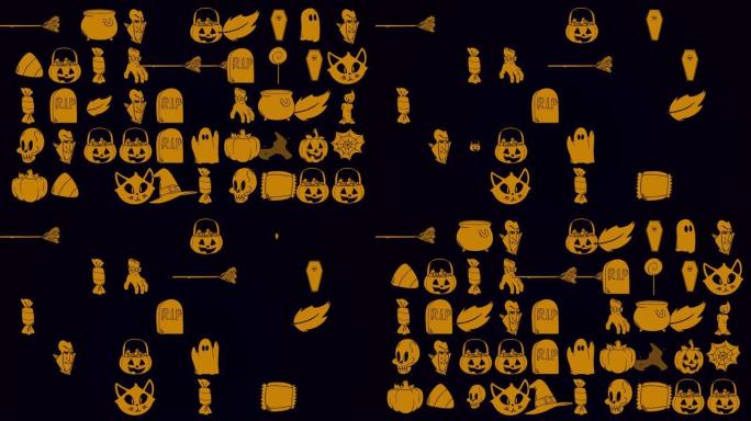 带有南瓜，头骨，棺材和鬼魂的黄色万圣节图案
