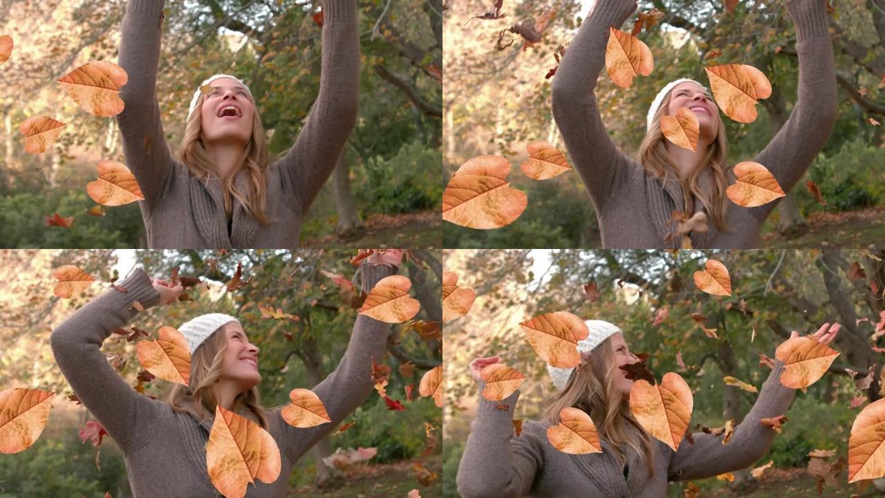 秋叶的动画落在公园里快乐的高加索女人身上