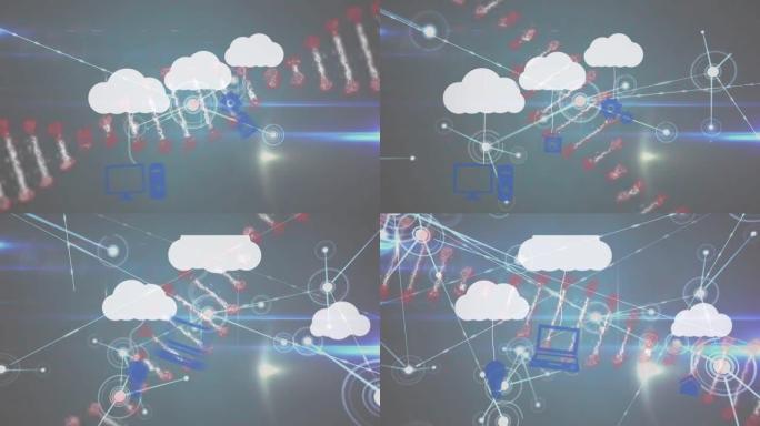 dna链在数字云和连接网络上旋转的动画