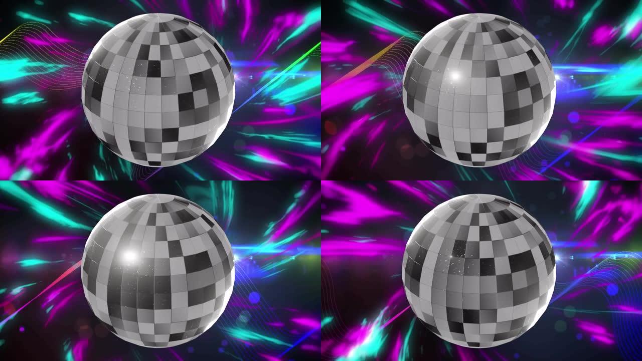 镜球在移动的紫色和蓝色灯光上旋转的动画