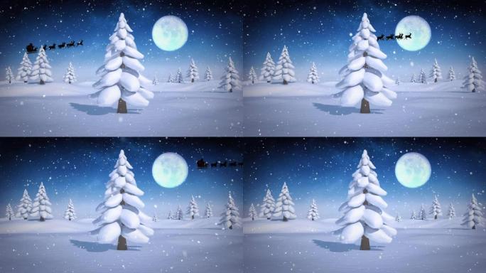 圣诞老人在雪橇上的动画与驯鹿在冬天的风景与雪落下