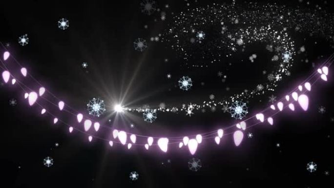 圣诞节时，童话般的灯光在积雪和黑色背景上的光点上的动画