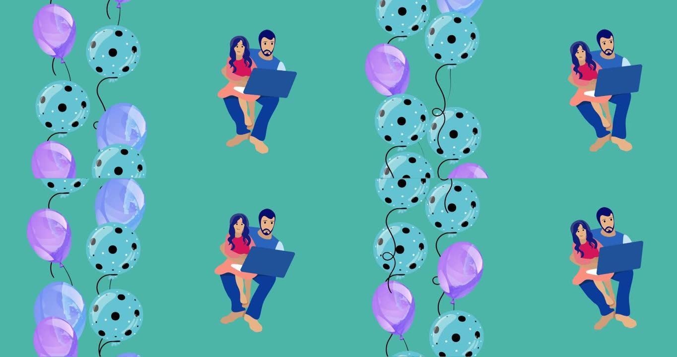 使用笔记本电脑的父女插图动画，蓝色带有彩色气球