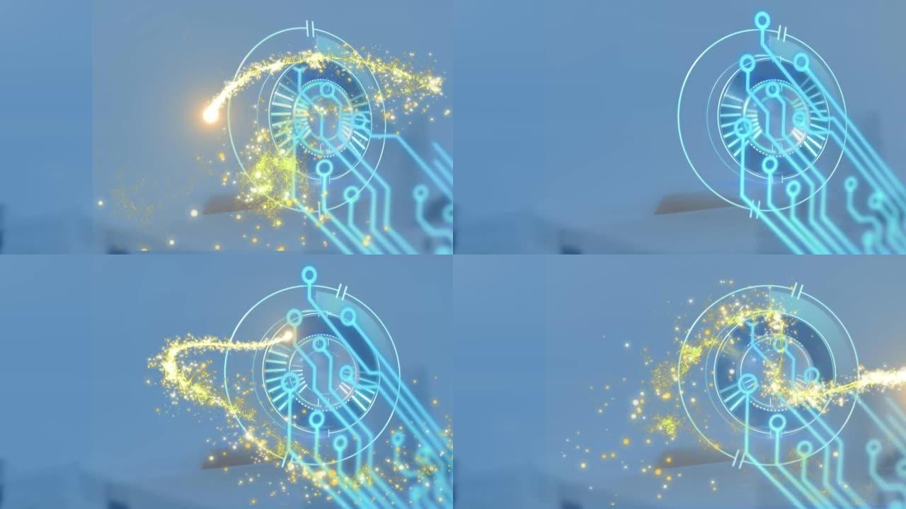 蓝色背景上的流星，计算机电路板和范围扫描的动画