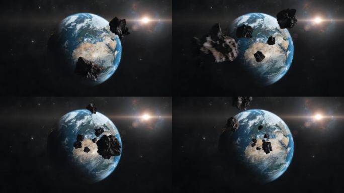 从太空看地球，背景是小行星向地球飞行的太阳