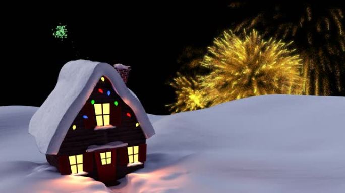 圣诞节和新年烟花在白雪覆盖的房屋上的夜空中的动画