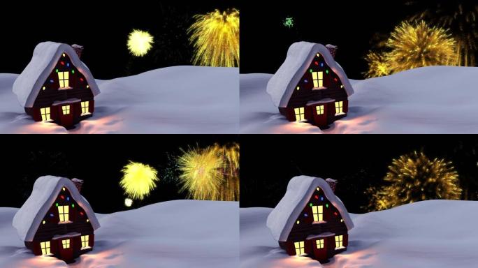 圣诞节和新年烟花在白雪覆盖的房屋上的夜空中的动画