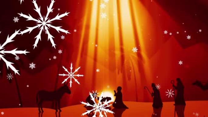 红色背景上的耶稣诞生场景上的雪花动画
