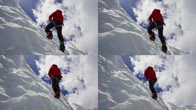 Alpinist配备了红色crampon，在阳光下在白色冰冻的斜坡上上升