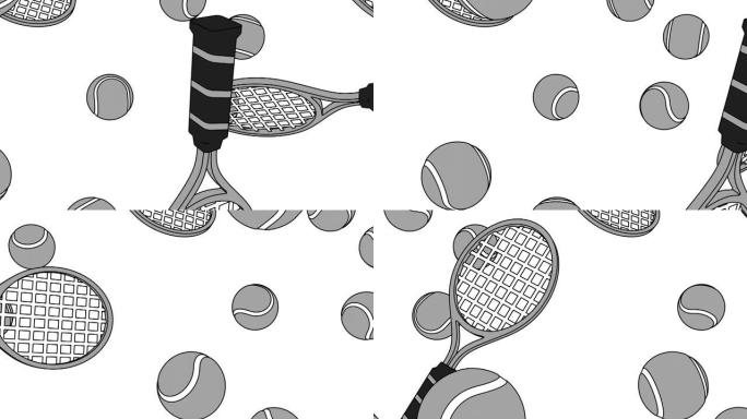 卡通风格的灰色网球和白色背景的网球拍。