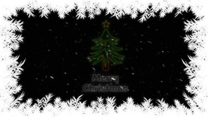 霓虹灯圣诞快乐的动画在雪花和枞树上的文字