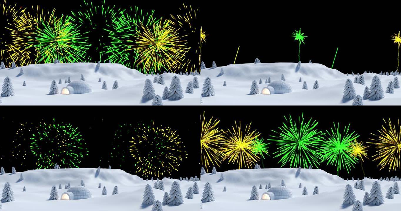 黄色和绿色的圣诞节和新年烟花在雪中的夜空中的动画