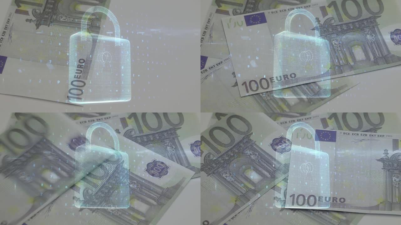 数字动画和安全挂锁上掉落的欧元纸币