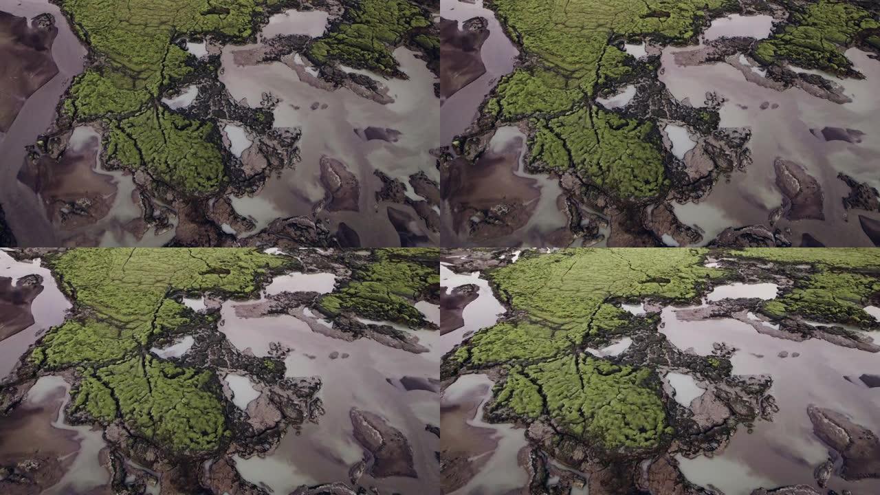 无人机在绿色熔岩田地景观中的辫状河上倾斜