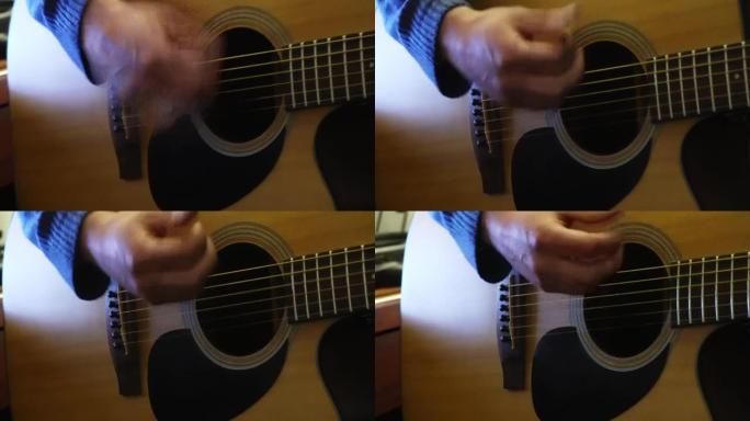 音乐家的手在房间里用电声吉他演奏各种音符的特写镜头