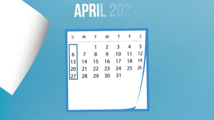 4k分辨率蓝色背景下的2022 4月日历翻页动画