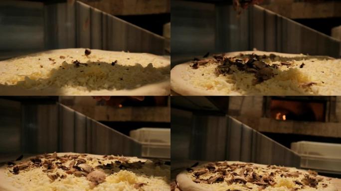 在披萨上添加蘑菇慢动作