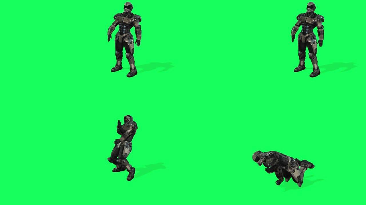 绿色屏幕上的军事机器人倒地身亡。戏剧性的启示，超现实主义的概念。机器的崛起。黑暗的未来。