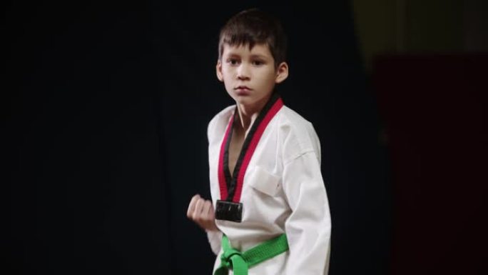 一个穿着白色制服的小男孩做跆拳道-站立并展示动作