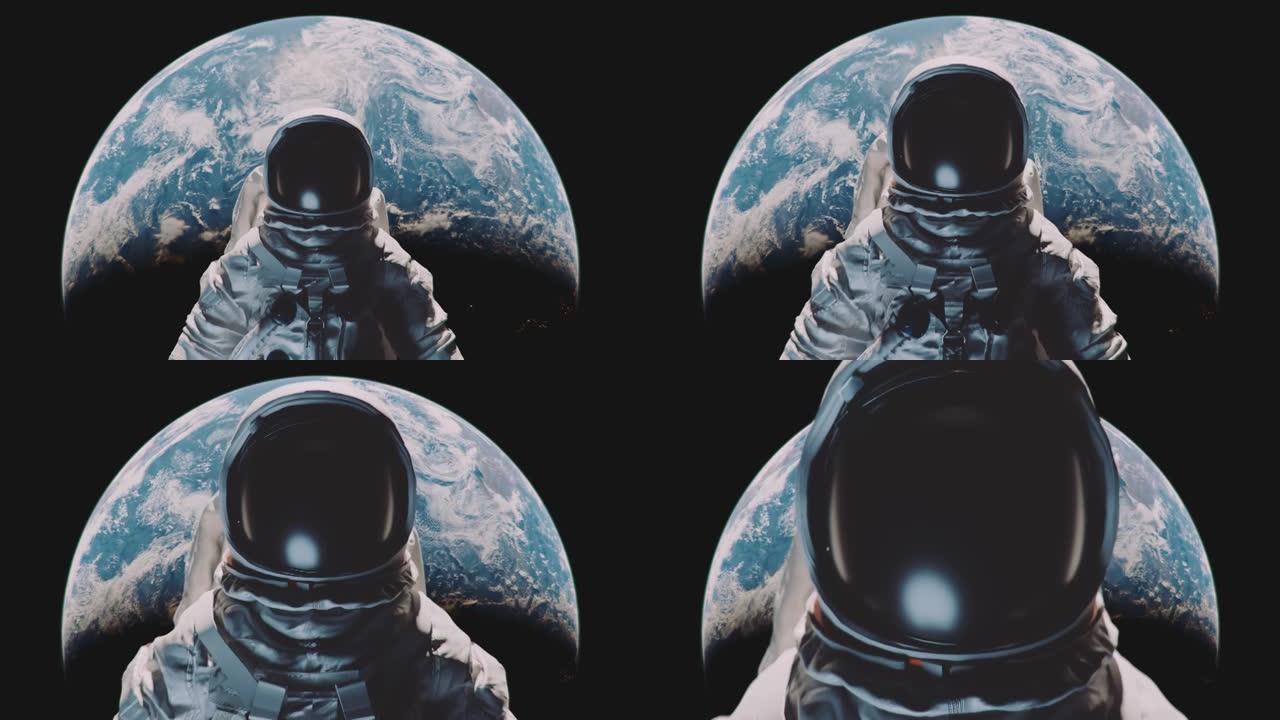 放大以地球为背景的宇航员的镜头。