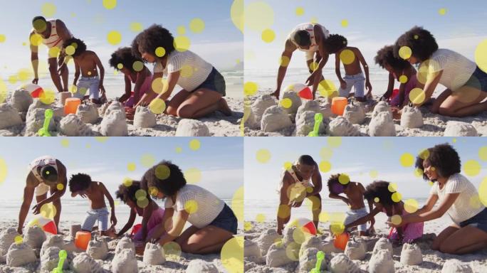 在海滩上带着儿子和女儿的快乐非洲裔美国夫妇身上发光的动画