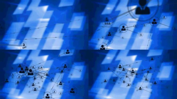 黑色背景上带有蓝色形状图标的连接网络动画